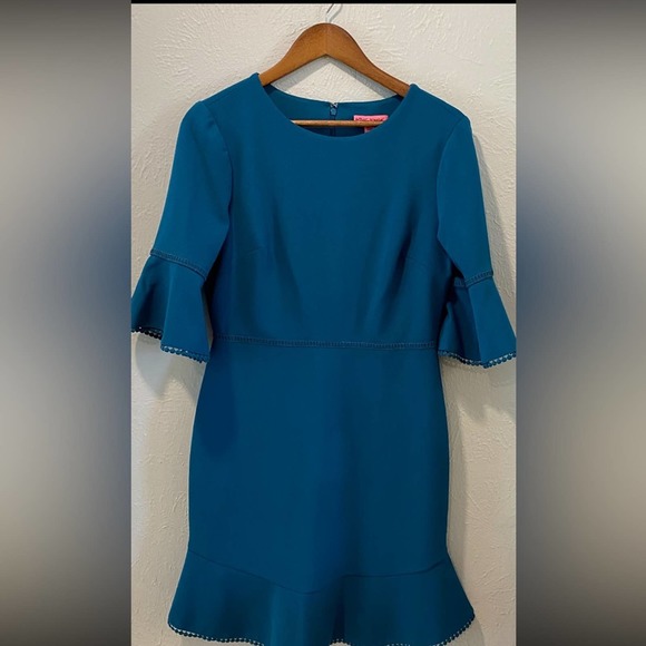 Betsey Johnson Scuba Crepe with Bell Sleeves Midi Teal Dress Size 6 - Picture 3 of 8